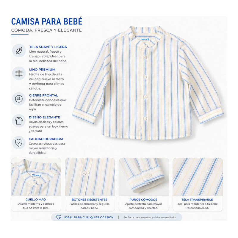 Camisa De Lino Casual Para Bebe Mod.1117 Marca Mayoral® Blanco/ Multicolor Rayas 6 Meses