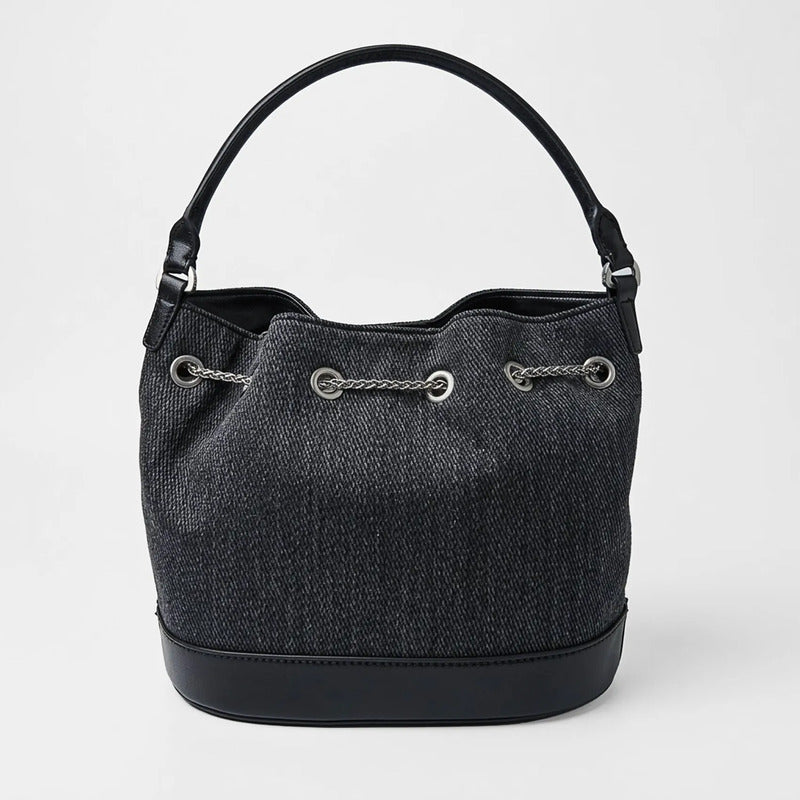 Bolso Drawstring Mediano Para Mujer Marca Cloe® Negro Lisa Níquel