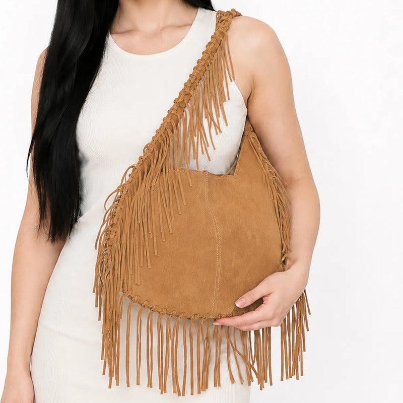 Bolsa De Gamuza Con Flecos Estilo Boho Bohemio Para Mujer Camel Lisa