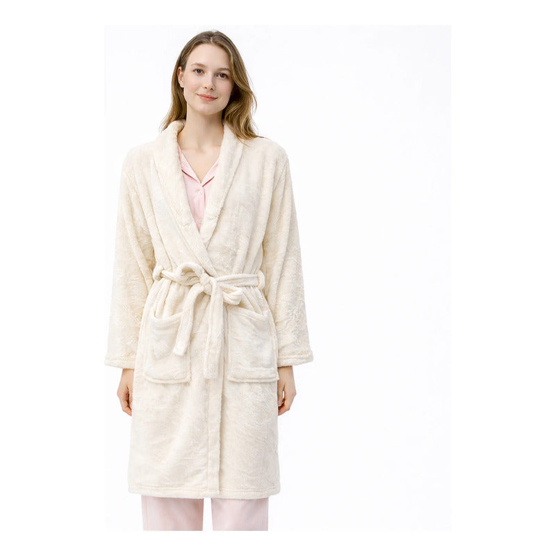 Bata De Descanso Suave 103x66cm Manga Larga Unisex Beige Lisa Unica