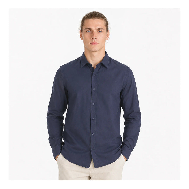Camisa Lino Regular Fit Para Hombre Mod. Le2601 Roosevelt® Marino Lisa G