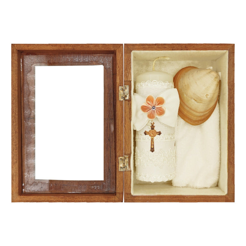 Set Para Bautizo Vela+concha+toalla+caja De Madera
