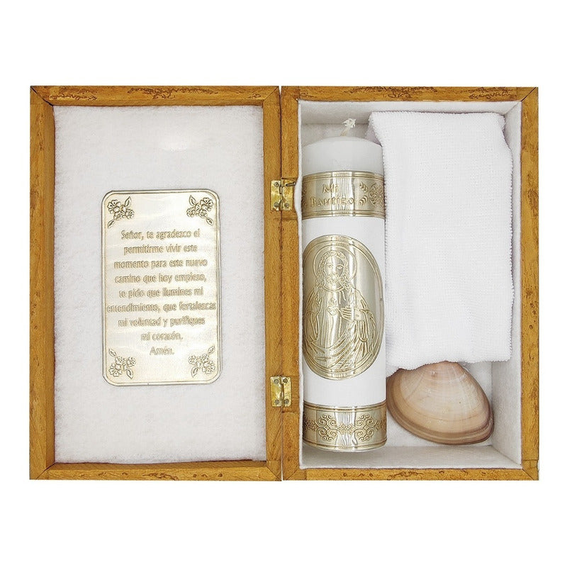 Set Para Bautizo Vela+concha+toalla+caja De Madera