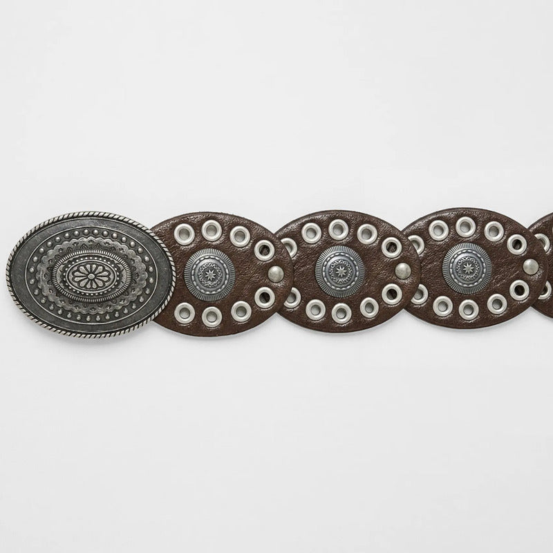 Cinturón Vaquero Boho Para Mujer Con Argollas Metálicas Marrón Oscuro Geométrico 104 Cm