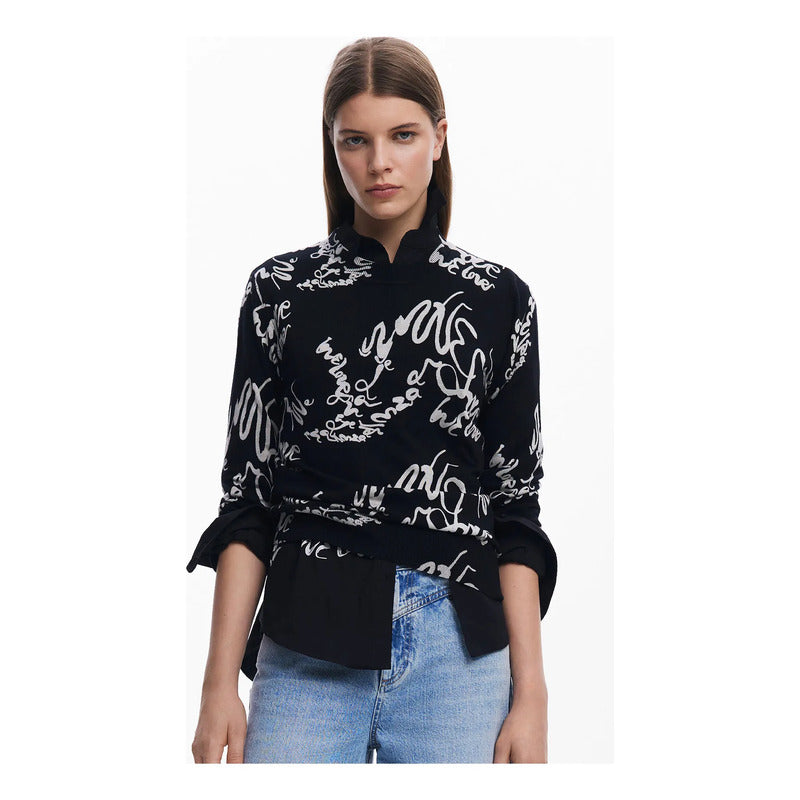 Suéter Ligero Para Mujer 25swjf04/2000 Marca Desigual® Negro Letras Xs