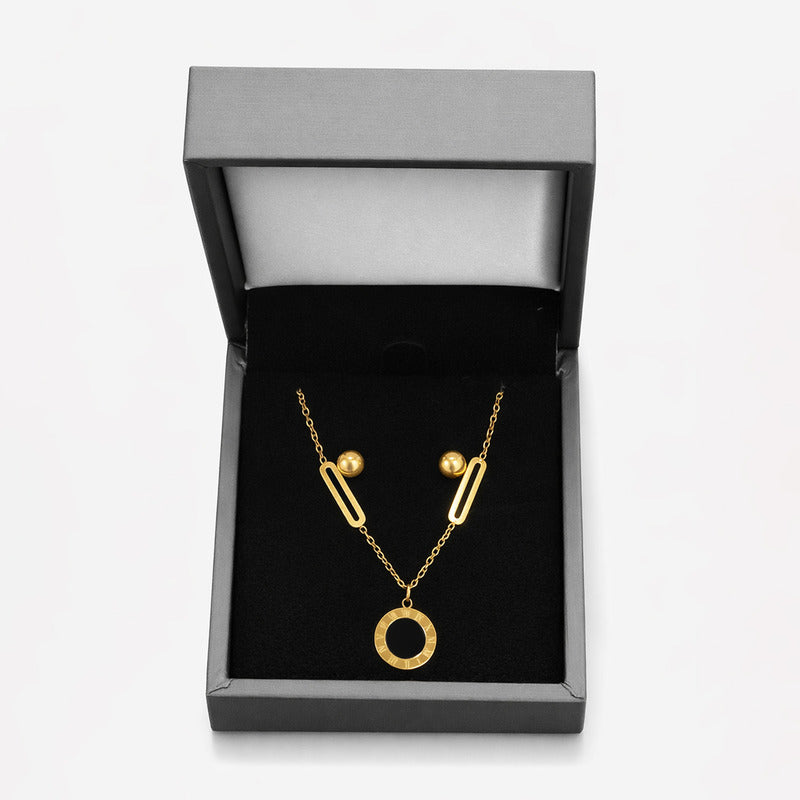 Set Joyería Elegante Collar Y Aretes Layering Con Colgante Dorado