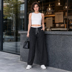 Pantalon Amplio Para Mujer Mod. W61100 Marca Bobois® Negro Rayas Ch