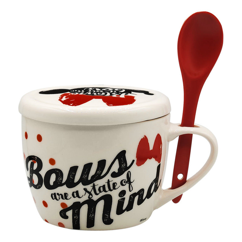 Taza Sopera Con Tapa/cuchara De Porcelana 580ml Crema Minnie 1754-66