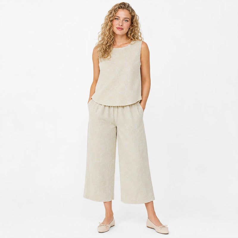 Conjunto Para Mujer Pantalon+blusa Mod.4394ec Marca Exotica® Beige Floreado M