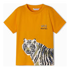 Playera Casual Comoda Para Niño Marca Mayoral® Naranja Claro Tigre Blanco 2 Lisa