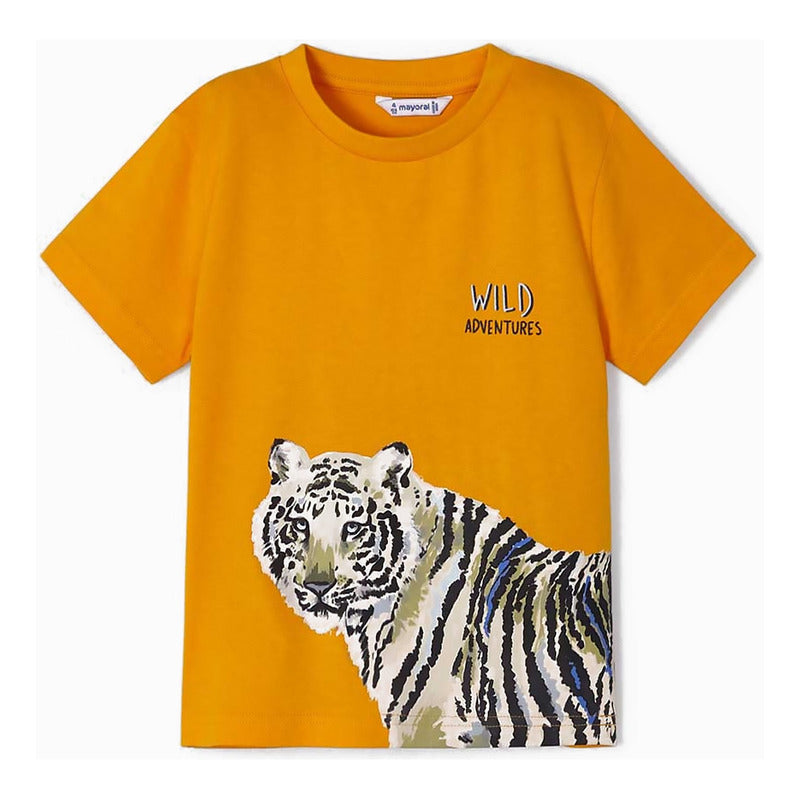 Playera Casual Comoda Para Niño Marca Mayoral® Naranja Claro Tigre Blanco 9 Lisa