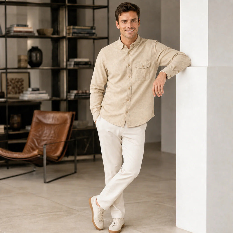 Camisa Lino Regular Fit Para Hombre Mod. Le2604 Roosevelt® Beige Lisa G