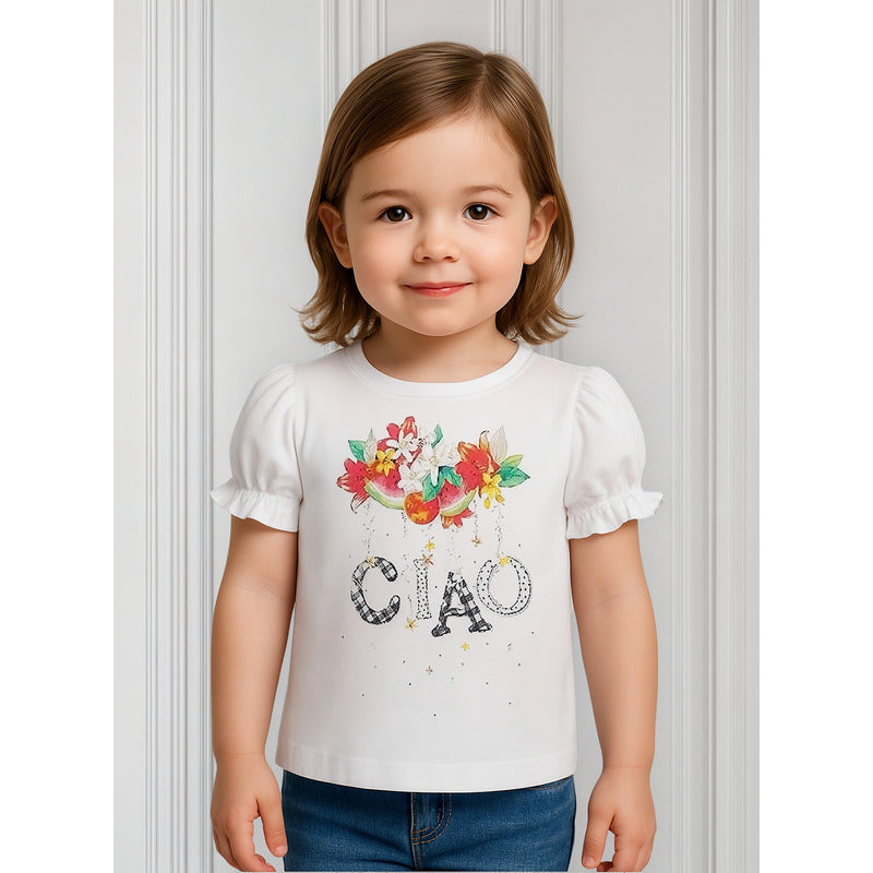 Playera Casual Para Niña Mod.3004 Marca Mayoral® Blanco Frutas 2 Lisa