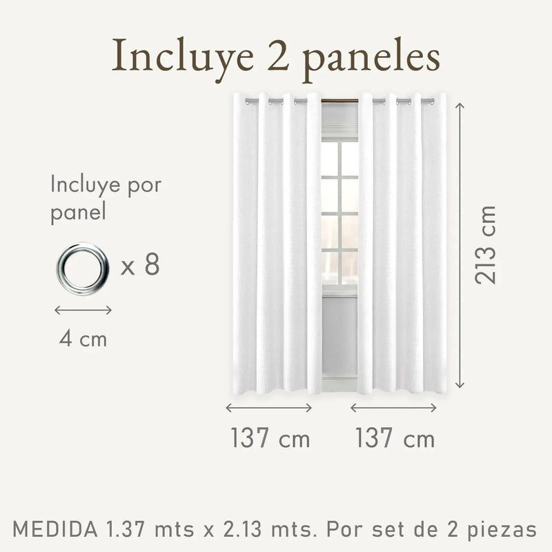 Cortina Blackout 2 Paneles Textura Lino Impermeable Luna® Blanco
