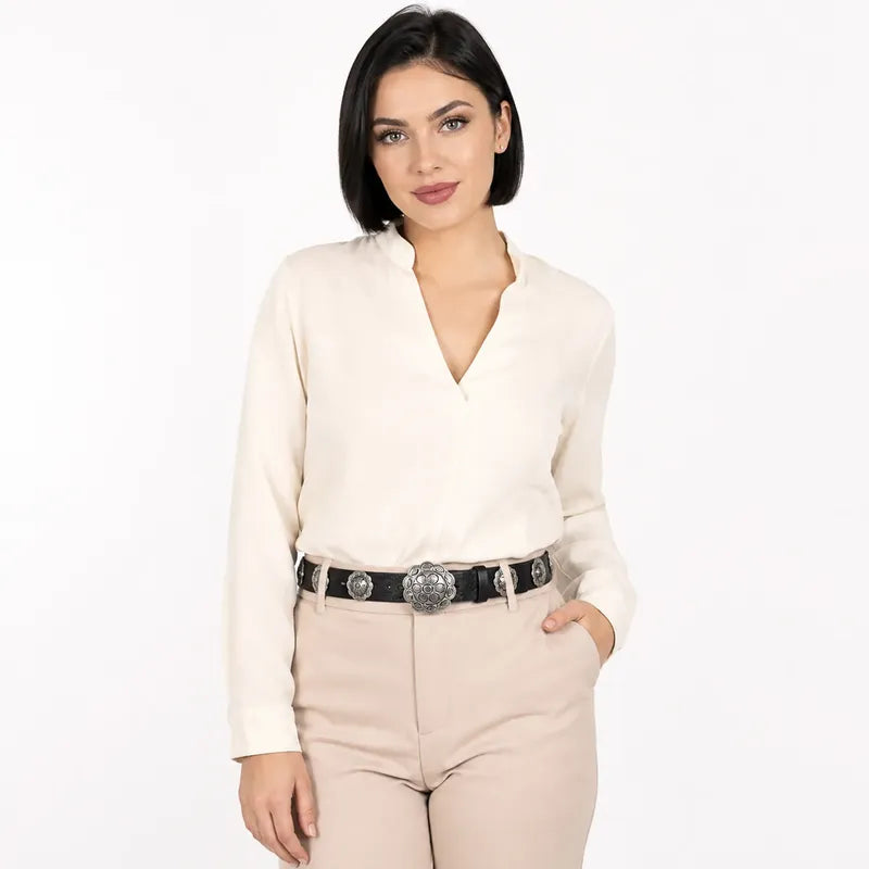 Cinturon Estilo Boho Western Con Hebilla Floral Para Mujer Negro Lisa 100 Cm