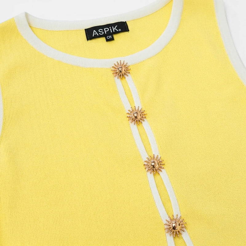 Blusa De Mujer Con Decoración Frontal Aml-6288 Marca Aspik® Amarillo Lisa M