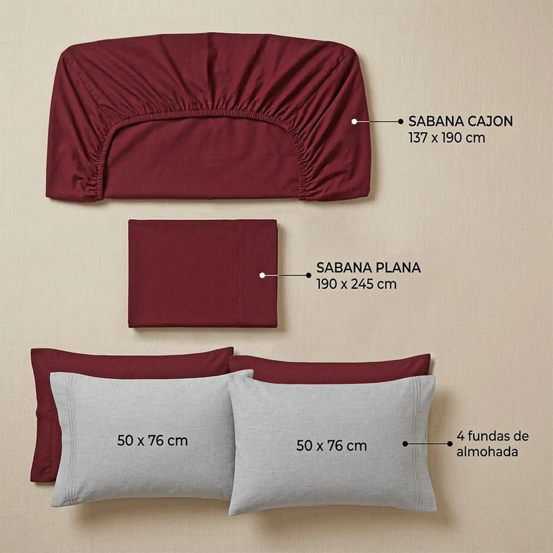 Juego De Sabanas Matrimonial 6pz Tacto Algodón Ultra Suave Multicolor Bordo