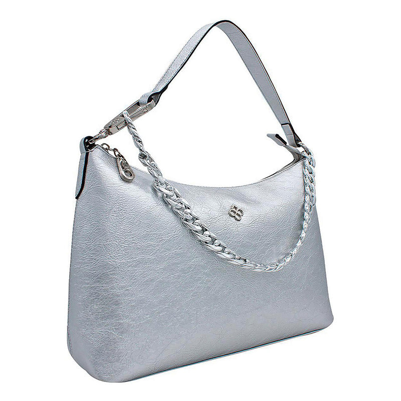Bolsa De Hombro Para Mujer Mod.ji2486 Marca Jaime Ibiza® Plateado Arrugado