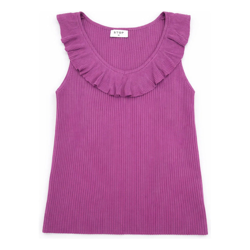Blusa Sin Mangas Con Olan Para Dama Mod.27335 Marca Stop® Violeta Rayas G