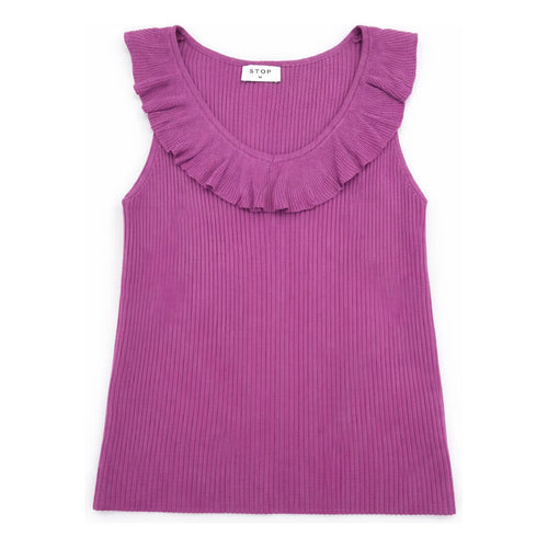 Blusa Sin Mangas Con Olan Para Dama Mod.27335 Marca Stop® Violeta Rayas M