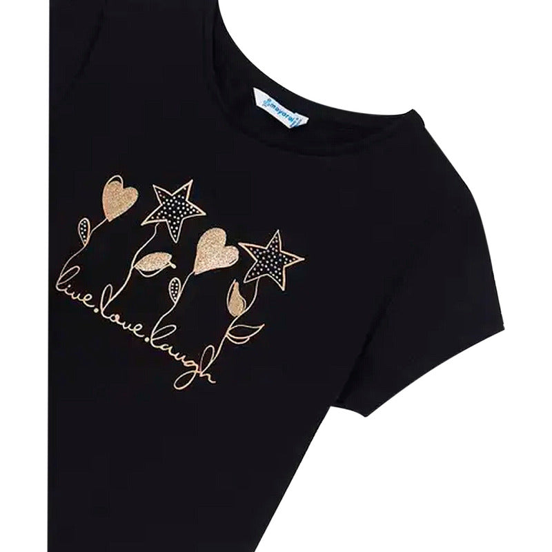 Playera Casual Para Niña Mod.854 Marca Mayoral® Negro Flores 16 Estampa Localizada
