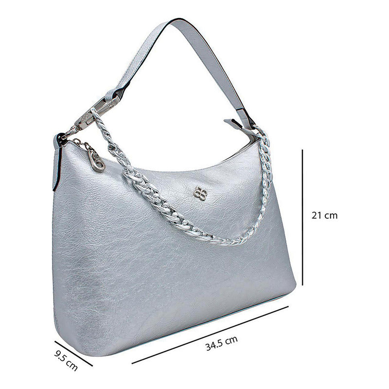 Bolsa De Hombro Para Mujer Mod.ji2486 Marca Jaime Ibiza® Plateado Arrugado