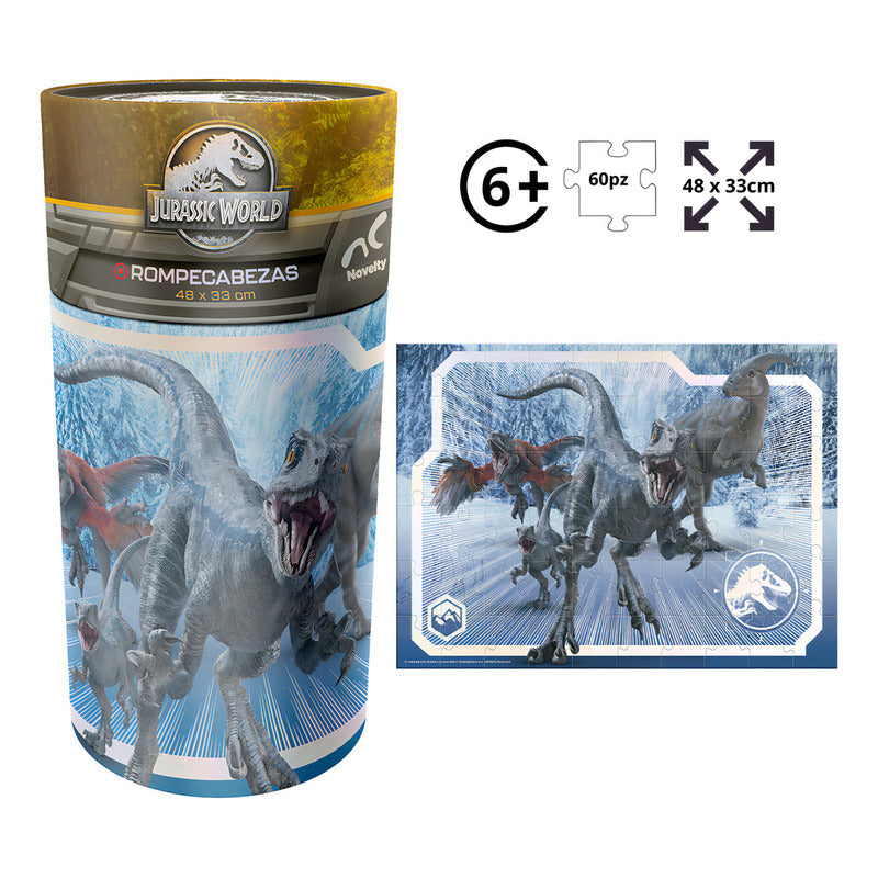 Rompecabezas Infantil Jurassic Cilindro 60 Piezas  Jurassic World  Piezas Metalizadas, Cartón En Cilindro, Incluye Póster  Ideal Habilidades Cognitivas Y Motoras