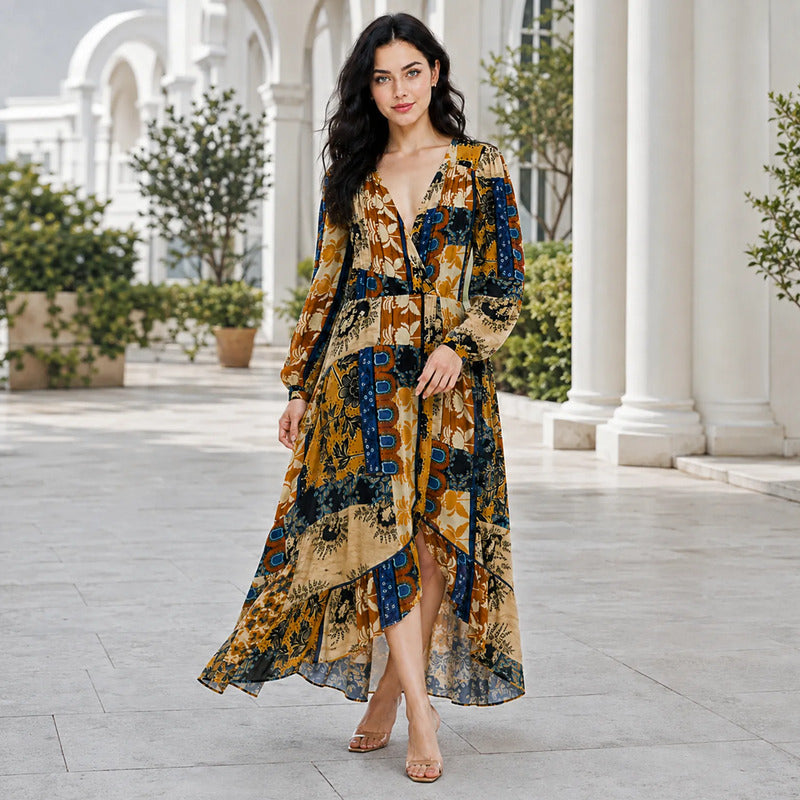 Vestido Largo Estampado Floral Bohemio S53117 Marca Bobois® Multicolor Geométrico G