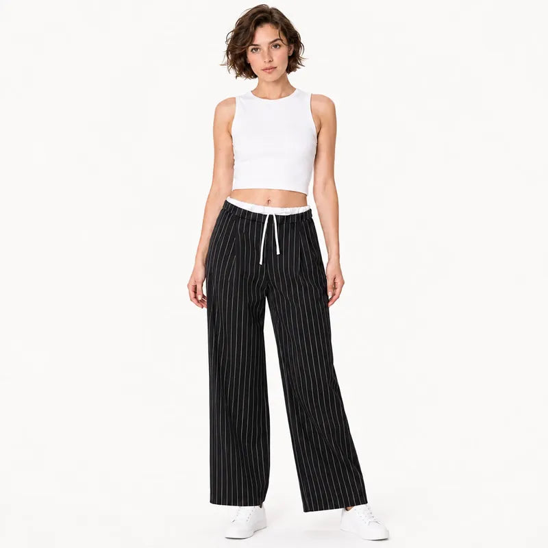 Pantalon Amplio Para Mujer Mod. W61100 Marca Bobois® Negro Rayas Ch