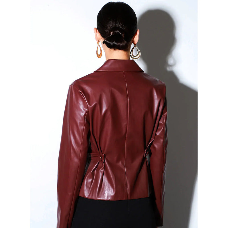 Blazer Versátil Para Dama Cruzado Tipo Piel Marca Lob® Vino Liso M