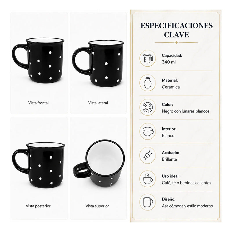 Taza De Ceramica Con Puntos 340ml Mod. 1744-60 Negro Puntos