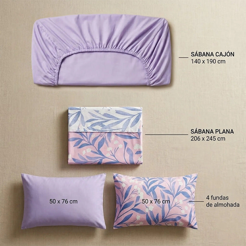 Juego De Sabanas Matrimonial 6pz Tacto Algodón Ultra Suave Multicolor Lila Hojas