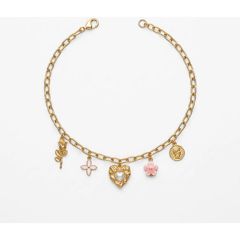 Collar Dorado Para Mujer Con Dijes Románticos Bisutería Fina Dorado