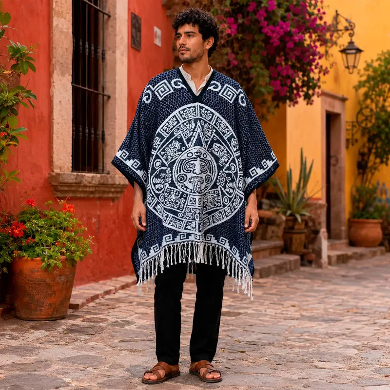 Jorongo Gaban Artesanal Mexicano Colores Azul Oscuro Calendario Xg
