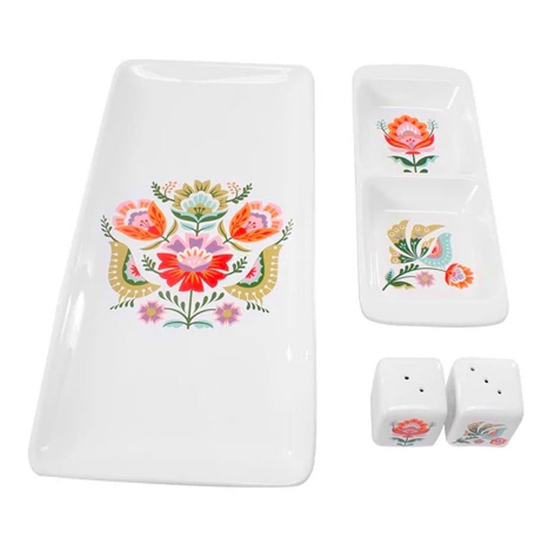 Set De Servicio Cerámica 4 Pzas Marca Crown Baccara Mod.kalo Blanco Floreado