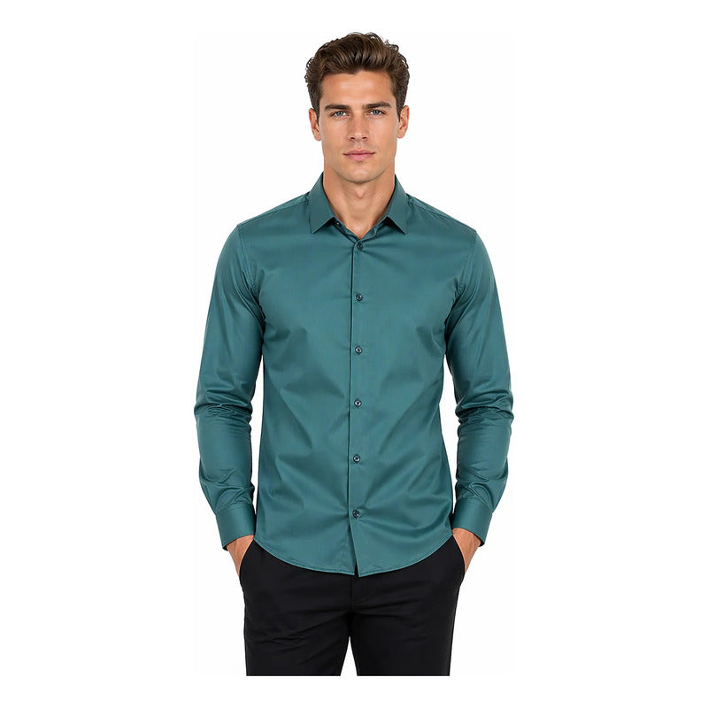 Camisa Slim Fit Para Hombre Mod. B61301 Marca Bobois® Verde Agua Liso Ch