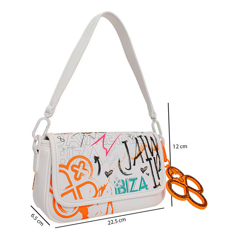 Bolso Crossbody Para Mujer Mod. Ji2582 Marca Jaime Ibiza® Blanco Grafico Urban Níquel
