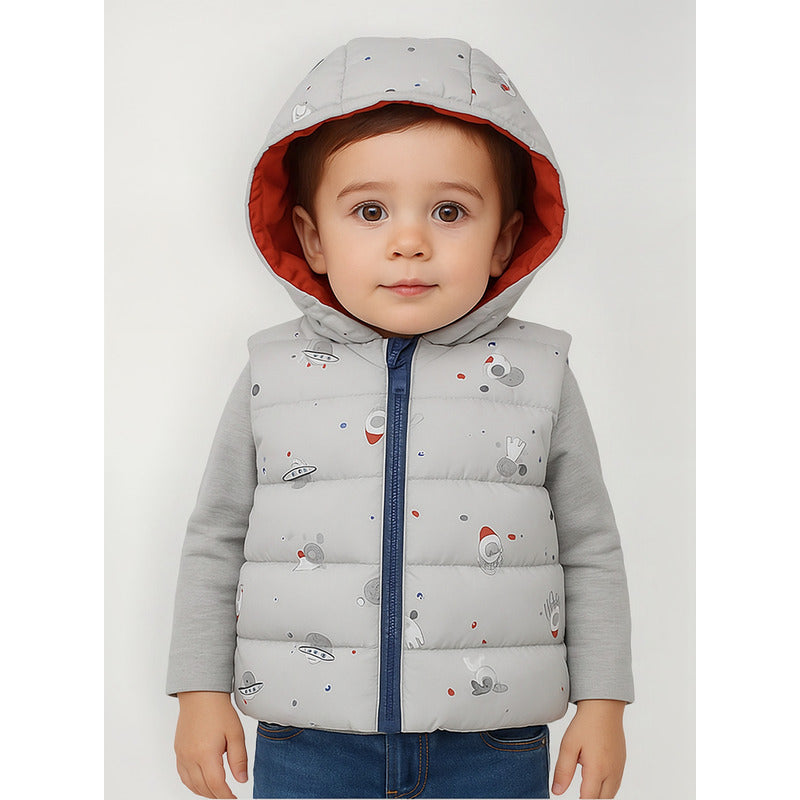 Chaleco Reversible Con Gorro Para Bebé M.2323 Marca Mayoral® Azul Claro Gatito Astronauta 12 Meses