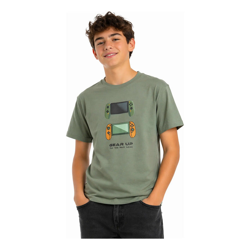 Playera Casual De Algodón Juvenil M.6040 Nakutavake Mayoral® Olivo Gear Up 18 Estampa Localizada