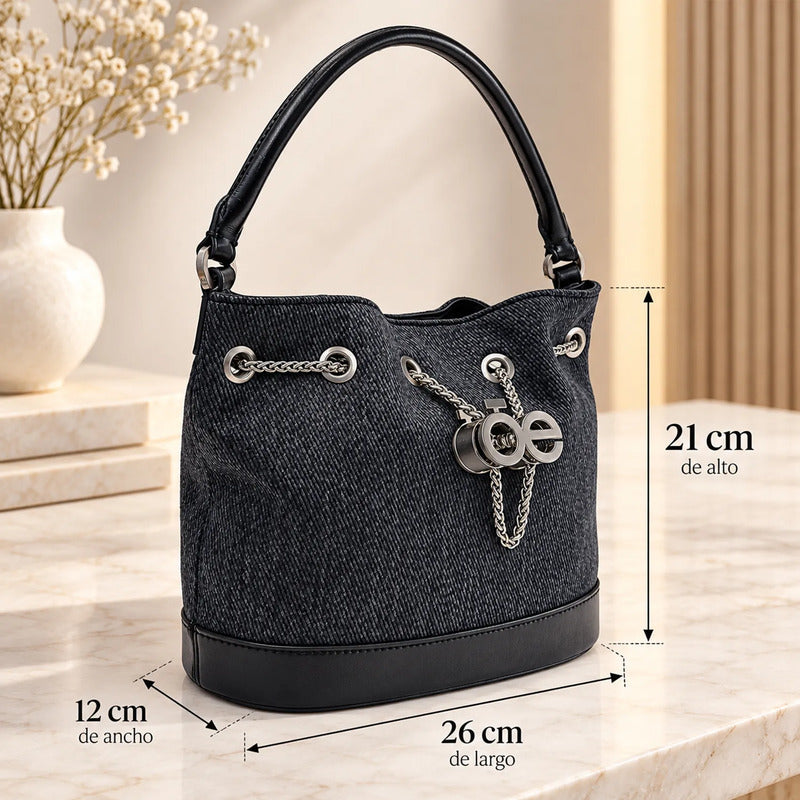 Bolso Drawstring Mediano Para Mujer Marca Cloe® Negro Lisa Níquel