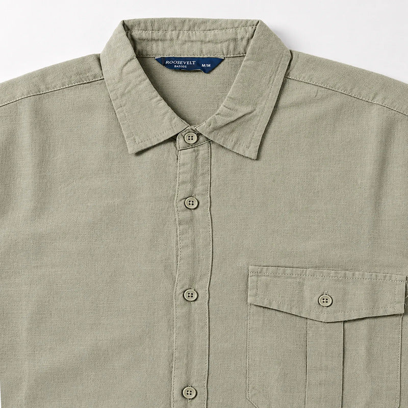 Camisa Lino Regular Fit Para Hombre Mod. Le2604 Roosevelt® Olivo Lisa M