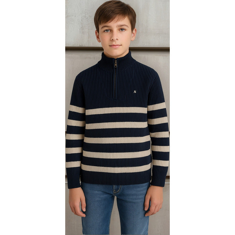 Suéter Pique Para Niño Mod.7391 Marca Mayoral® Azul Oscuro Rayas 8 Años