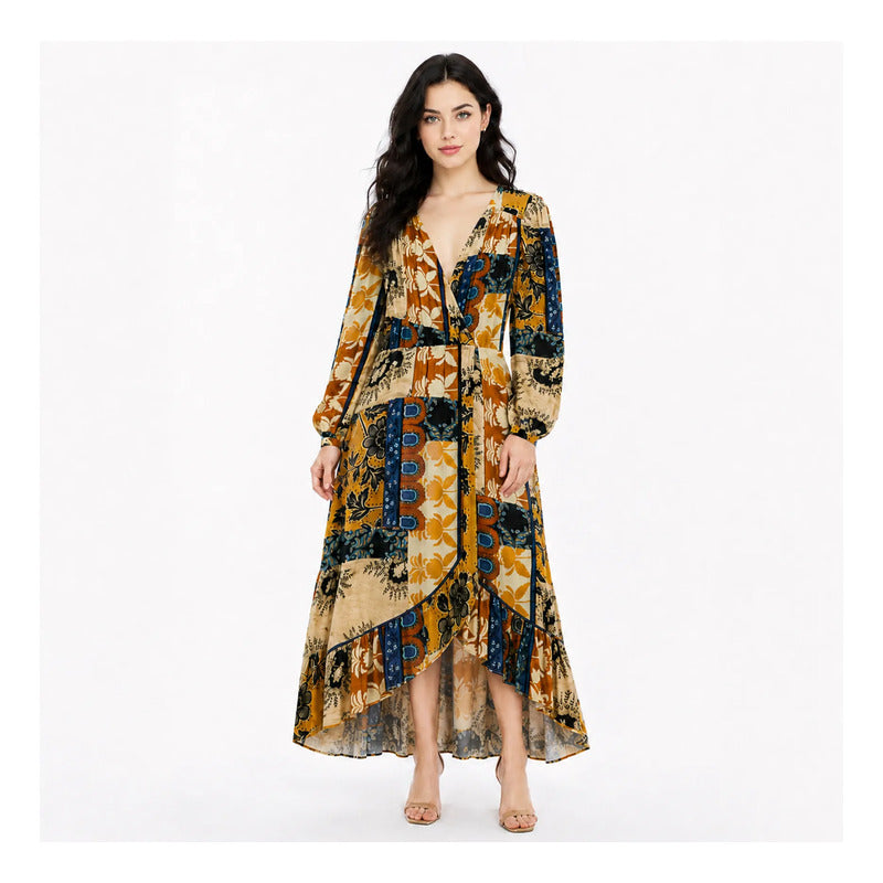 Vestido Largo Estampado Floral Bohemio S53117 Marca Bobois® Multicolor Geométrico M