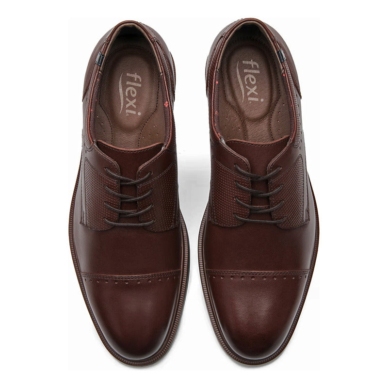 Zapato Derby Semivestir Para Hombre Mod. 400102 Marca Flexi® Marrón Oscuro Lisa 26 Mx