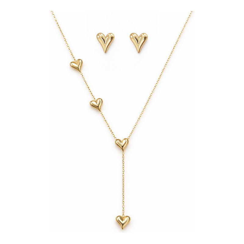 Set Joyería Elegante Para Mujer Collar Y Aretes Corazones Dorado