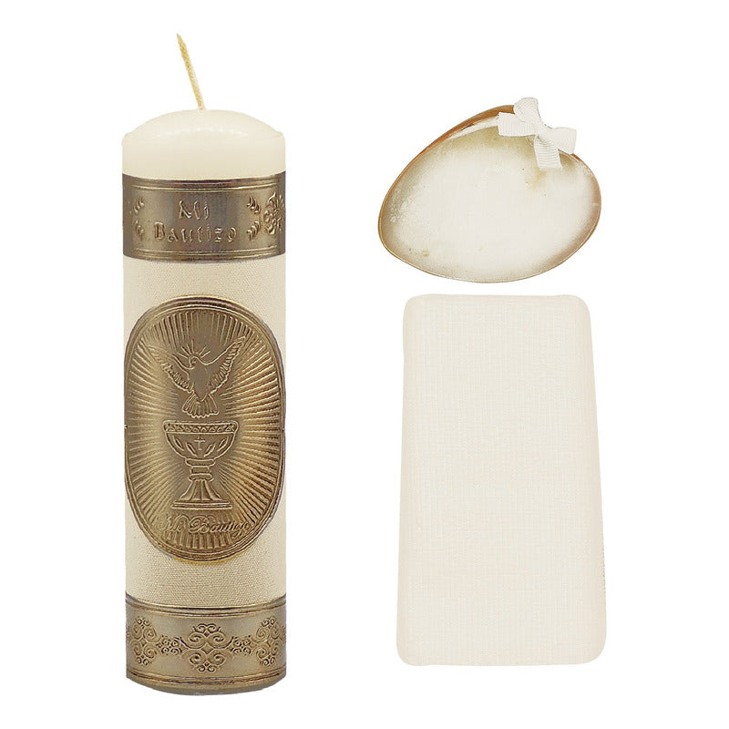 Set Para Bautizo Vela+concha+toalla+caja De Madera