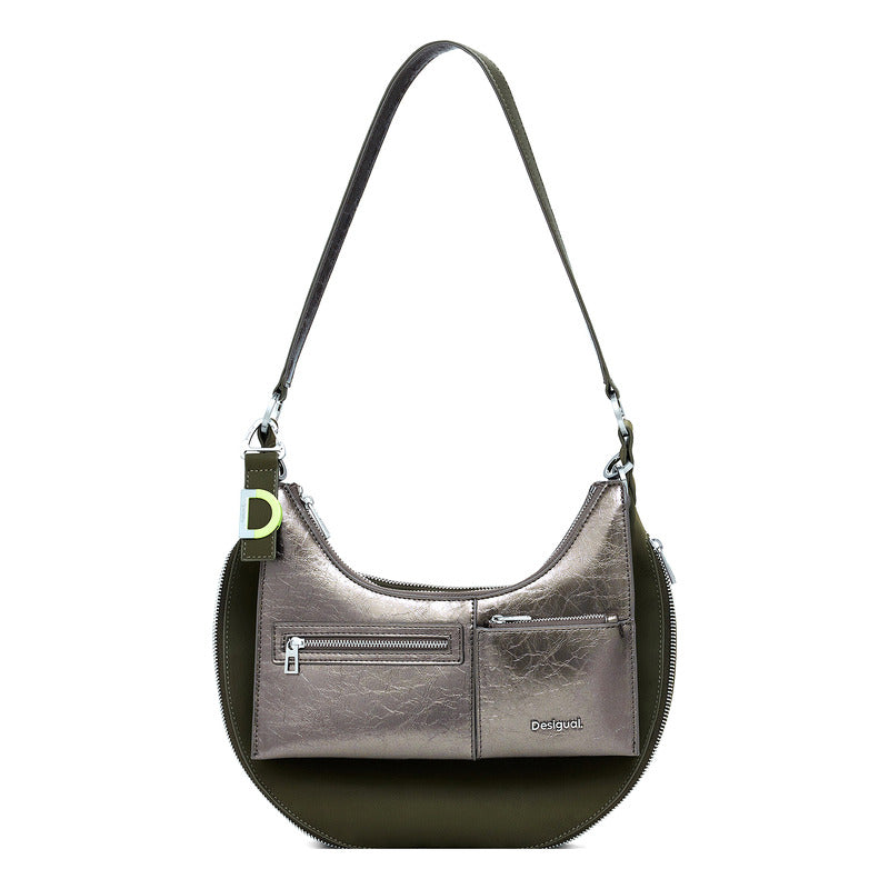 Bolso Doble Para Dama Mod. 25waxpah Marca Desigual® Verde Musgo/ Níquel Lisa Níquel Verde Musgo