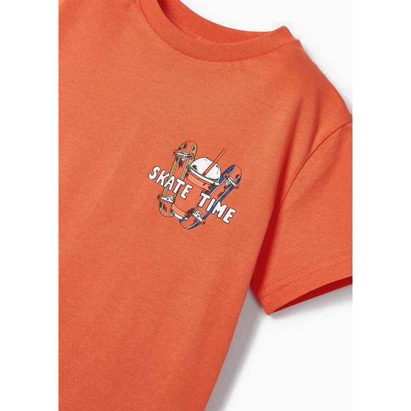 Playera Casual Comoda Para Niño Marca Mayoral® Coral Oscuro Skate Time 4 Estampa Localizada