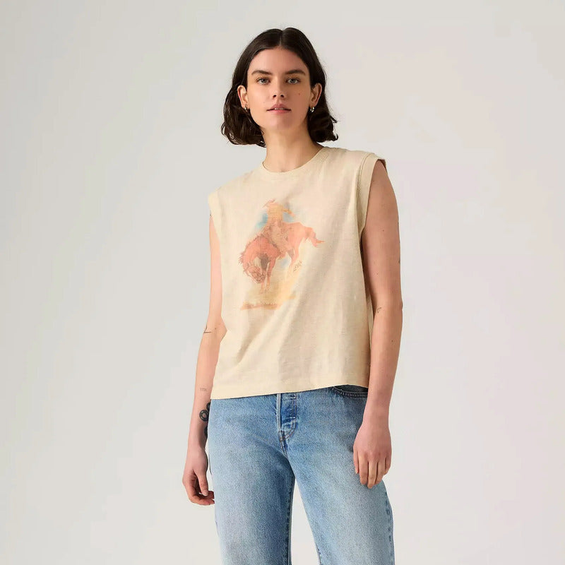 Playera Boxy Tank Para Dama Mod. 001mw0004 Marca Levis® Beige Rodep Xch Estampa Localizada