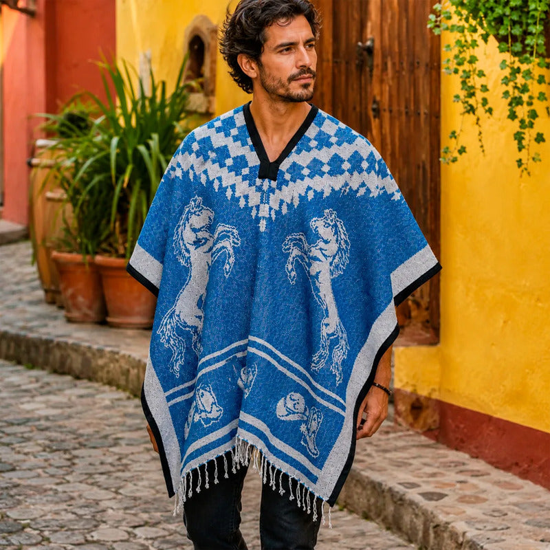 Jorongo Gaban Artesanal Mexicano Colores Azul Caballos Xg